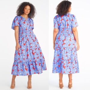 Draper James Hollie Midi Dress in Floating Floral, Size 2x, Cotton Linen Blend